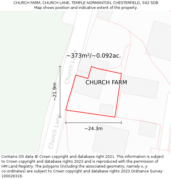 CHURCH FARM, CHURCH LANE, TEMPLE NORMANTON, CHESTERFIELD, S42 5DB: Plot and title map
