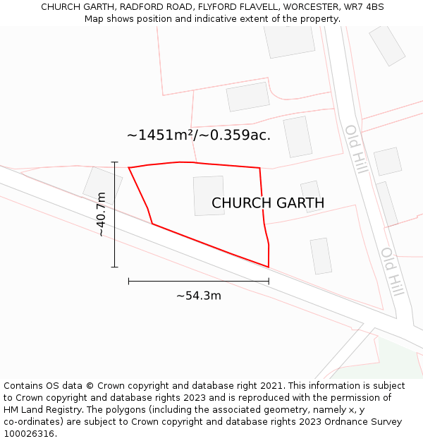 CHURCH GARTH, RADFORD ROAD, FLYFORD FLAVELL, WORCESTER, WR7 4BS: Plot and title map