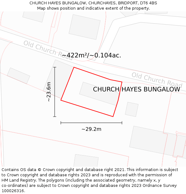 CHURCH HAYES BUNGALOW, CHURCHAYES, BRIDPORT, DT6 4BS: Plot and title map