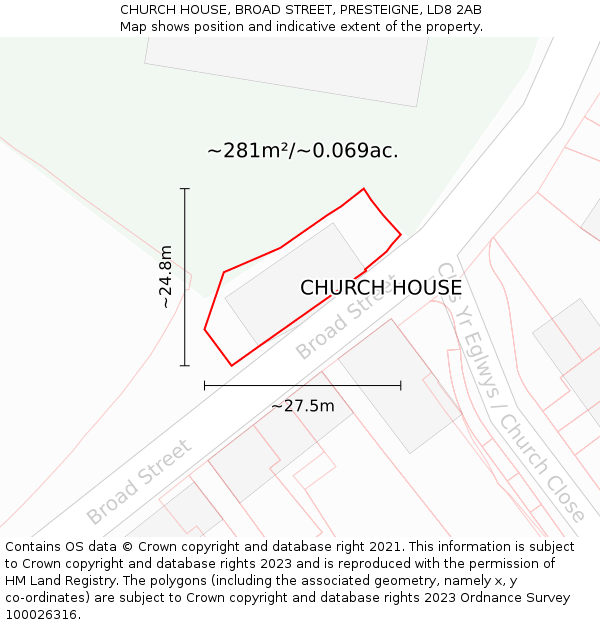 CHURCH HOUSE, BROAD STREET, PRESTEIGNE, LD8 2AB: Plot and title map