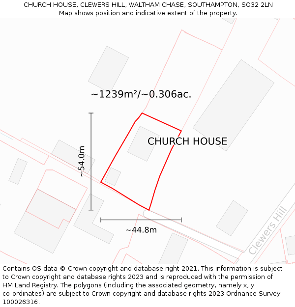 CHURCH HOUSE, CLEWERS HILL, WALTHAM CHASE, SOUTHAMPTON, SO32 2LN: Plot and title map