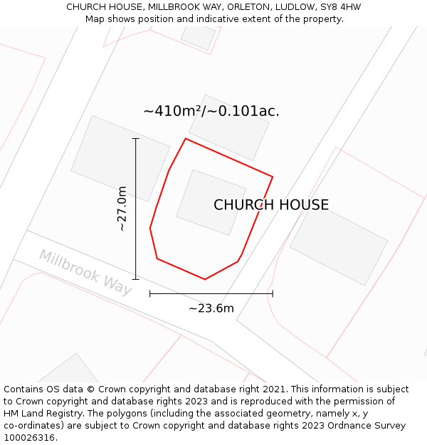 CHURCH HOUSE, MILLBROOK WAY, ORLETON, LUDLOW, SY8 4HW: Plot and title map