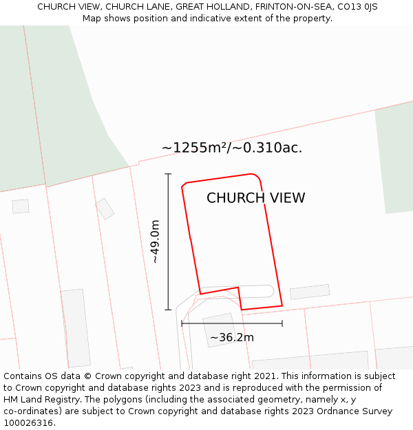 CHURCH VIEW, CHURCH LANE, GREAT HOLLAND, FRINTON-ON-SEA, CO13 0JS: Plot and title map
