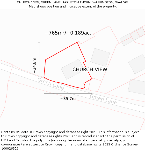 CHURCH VIEW, GREEN LANE, APPLETON THORN, WARRINGTON, WA4 5PF: Plot and title map