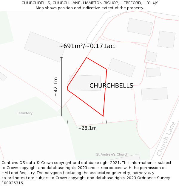 CHURCHBELLS, CHURCH LANE, HAMPTON BISHOP, HEREFORD, HR1 4JY: Plot and title map