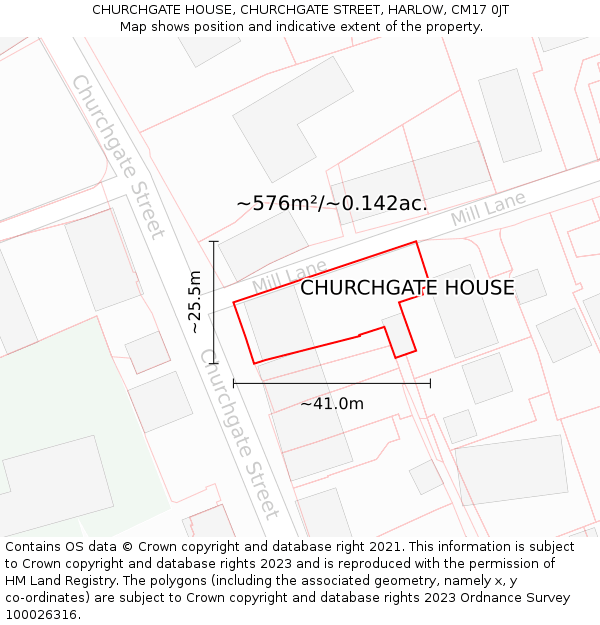 CHURCHGATE HOUSE, CHURCHGATE STREET, HARLOW, CM17 0JT: Plot and title map
