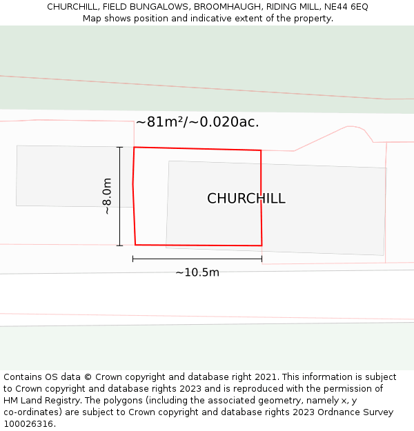 CHURCHILL, FIELD BUNGALOWS, BROOMHAUGH, RIDING MILL, NE44 6EQ: Plot and title map
