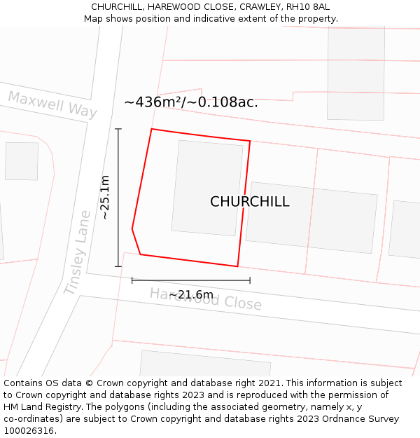 CHURCHILL, HAREWOOD CLOSE, CRAWLEY, RH10 8AL: Plot and title map