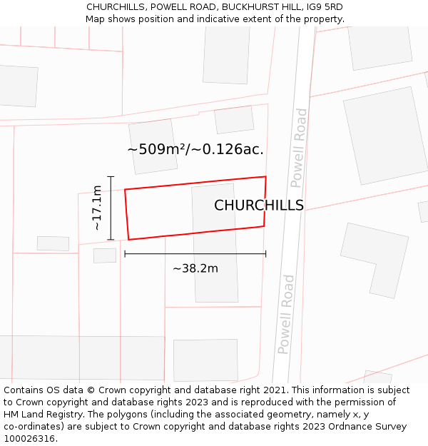 CHURCHILLS, POWELL ROAD, BUCKHURST HILL, IG9 5RD: Plot and title map