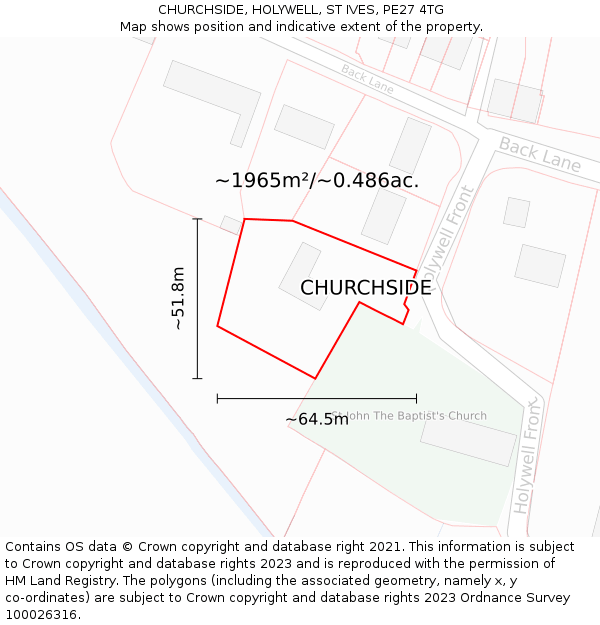 CHURCHSIDE, HOLYWELL, ST IVES, PE27 4TG: Plot and title map