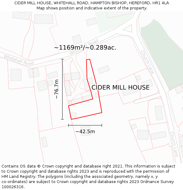 CIDER MILL HOUSE, WHITEHALL ROAD, HAMPTON BISHOP, HEREFORD, HR1 4LA: Plot and title map