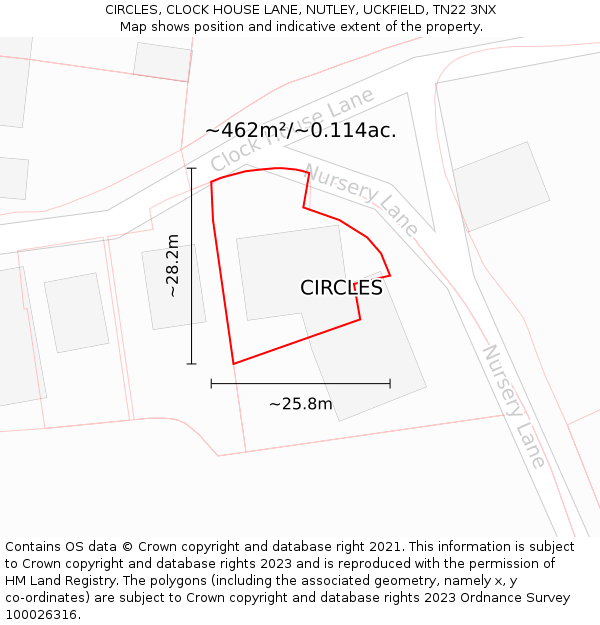 CIRCLES, CLOCK HOUSE LANE, NUTLEY, UCKFIELD, TN22 3NX: Plot and title map