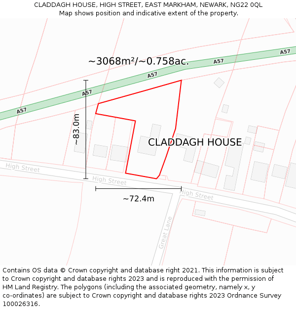 CLADDAGH HOUSE, HIGH STREET, EAST MARKHAM, NEWARK, NG22 0QL: Plot and title map