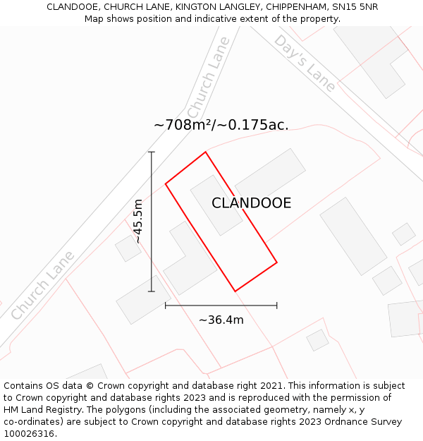 CLANDOOE, CHURCH LANE, KINGTON LANGLEY, CHIPPENHAM, SN15 5NR: Plot and title map