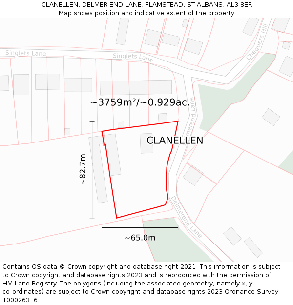 CLANELLEN, DELMER END LANE, FLAMSTEAD, ST ALBANS, AL3 8ER: Plot and title map
