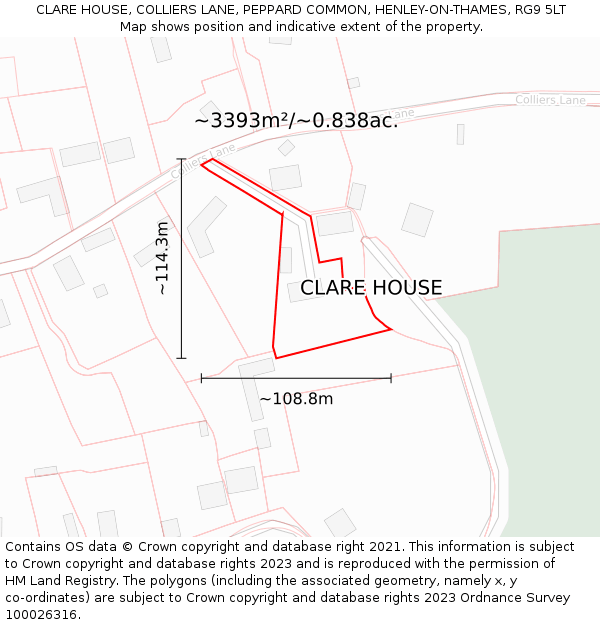 CLARE HOUSE, COLLIERS LANE, PEPPARD COMMON, HENLEY-ON-THAMES, RG9 5LT: Plot and title map