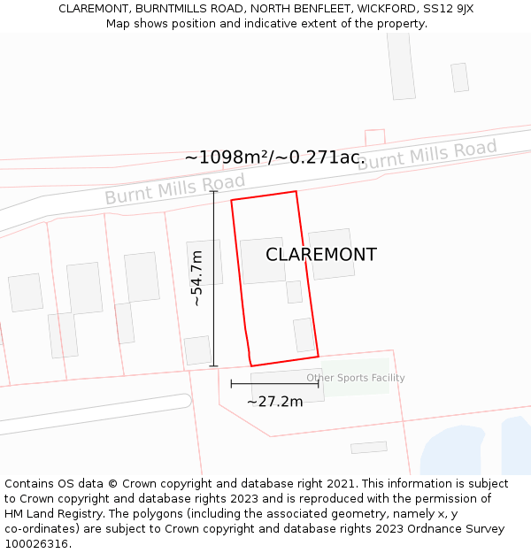 CLAREMONT, BURNTMILLS ROAD, NORTH BENFLEET, WICKFORD, SS12 9JX: Plot and title map