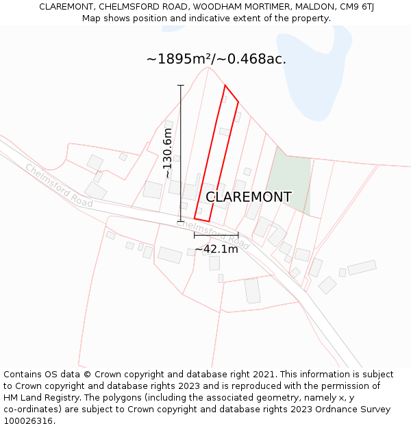 CLAREMONT, CHELMSFORD ROAD, WOODHAM MORTIMER, MALDON, CM9 6TJ: Plot and title map
