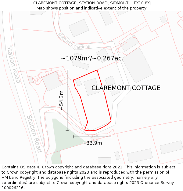 CLAREMONT COTTAGE, STATION ROAD, SIDMOUTH, EX10 8XJ: Plot and title map