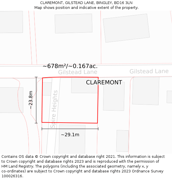 CLAREMONT, GILSTEAD LANE, BINGLEY, BD16 3LN: Plot and title map