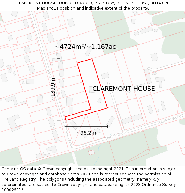 CLAREMONT HOUSE, DURFOLD WOOD, PLAISTOW, BILLINGSHURST, RH14 0PL: Plot and title map