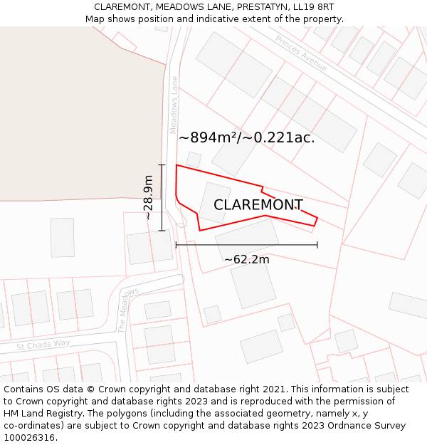 CLAREMONT, MEADOWS LANE, PRESTATYN, LL19 8RT: Plot and title map