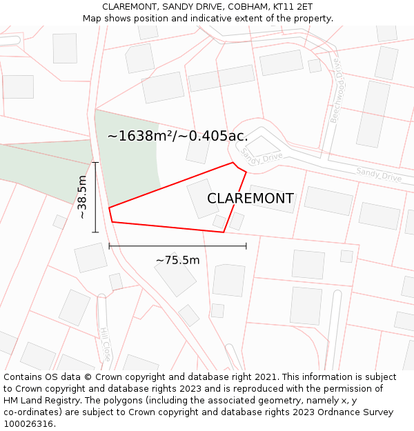 CLAREMONT, SANDY DRIVE, COBHAM, KT11 2ET: Plot and title map