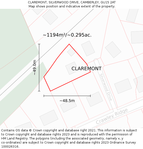 CLAREMONT, SILVERWOOD DRIVE, CAMBERLEY, GU15 2AT: Plot and title map