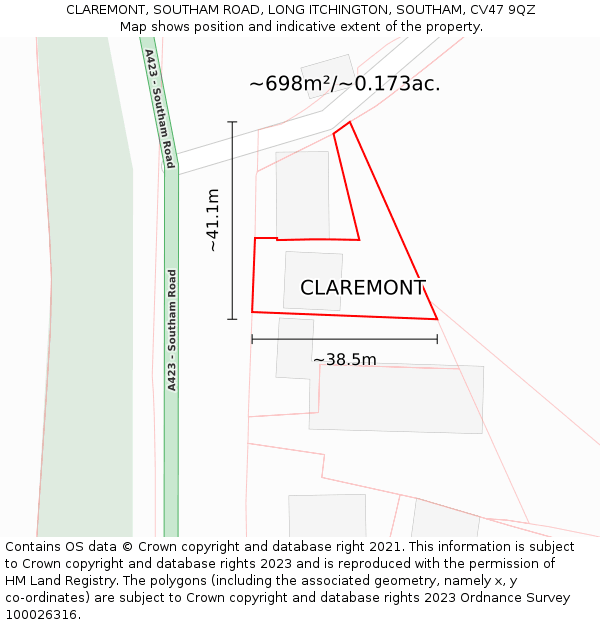 CLAREMONT, SOUTHAM ROAD, LONG ITCHINGTON, SOUTHAM, CV47 9QZ: Plot and title map