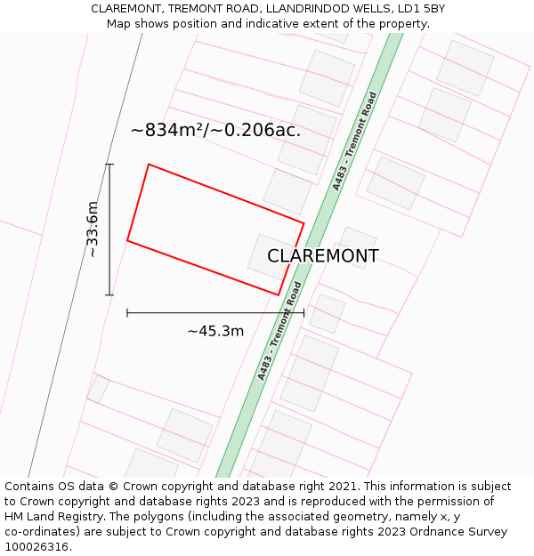 CLAREMONT, TREMONT ROAD, LLANDRINDOD WELLS, LD1 5BY: Plot and title map