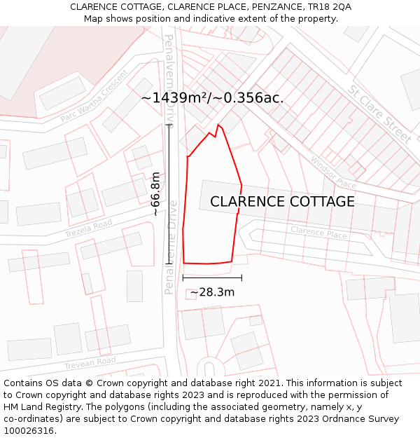 CLARENCE COTTAGE, CLARENCE PLACE, PENZANCE, TR18 2QA: Plot and title map