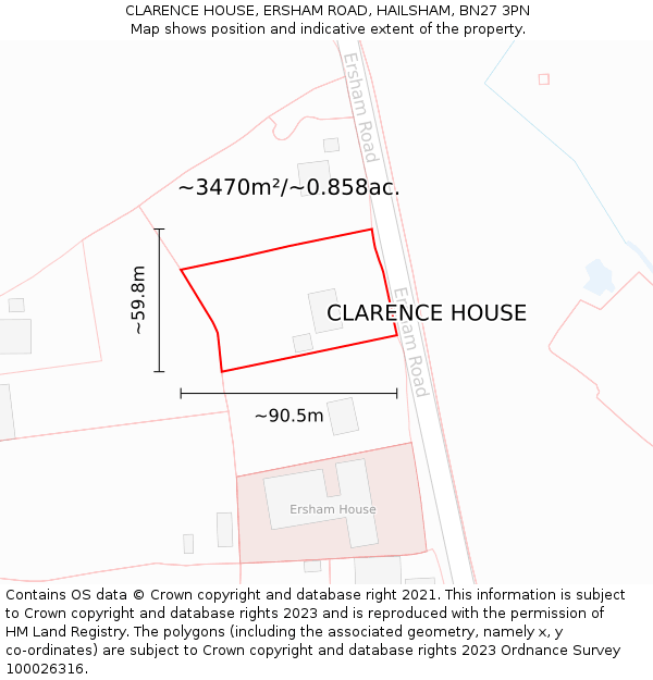 CLARENCE HOUSE, ERSHAM ROAD, HAILSHAM, BN27 3PN: Plot and title map