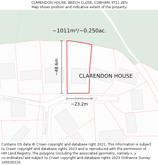 CLARENDON HOUSE, BEECH CLOSE, COBHAM, KT11 2EN: Plot and title map