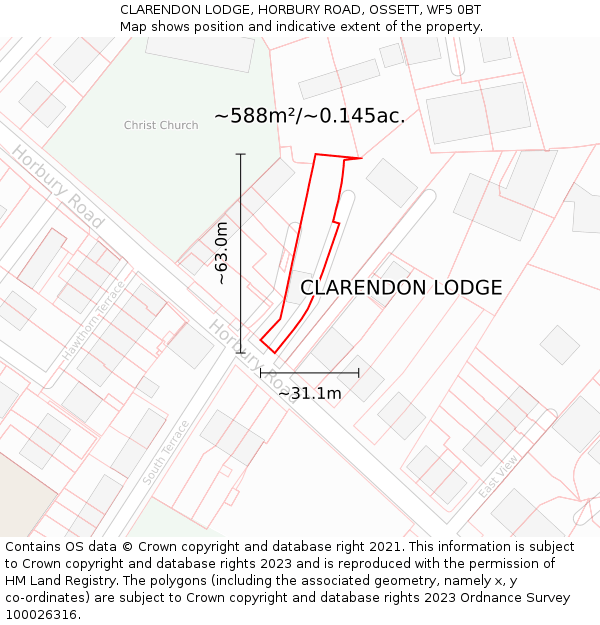 CLARENDON LODGE, HORBURY ROAD, OSSETT, WF5 0BT: Plot and title map