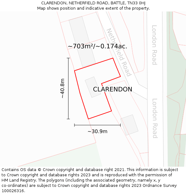 CLARENDON, NETHERFIELD ROAD, BATTLE, TN33 0HJ: Plot and title map