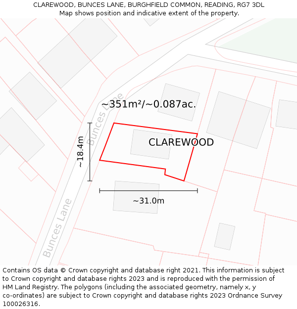 CLAREWOOD, BUNCES LANE, BURGHFIELD COMMON, READING, RG7 3DL: Plot and title map