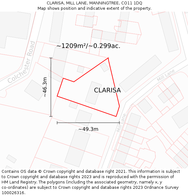 CLARISA, MILL LANE, MANNINGTREE, CO11 1DQ: Plot and title map