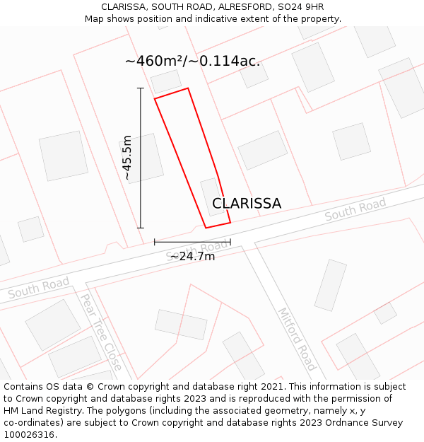 CLARISSA, SOUTH ROAD, ALRESFORD, SO24 9HR: Plot and title map