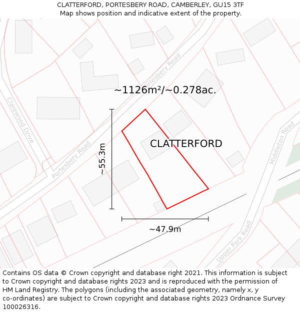 CLATTERFORD, PORTESBERY ROAD, CAMBERLEY, GU15 3TF: Plot and title map