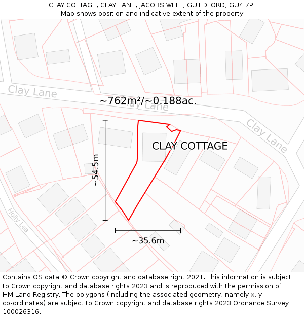 CLAY COTTAGE, CLAY LANE, JACOBS WELL, GUILDFORD, GU4 7PF: Plot and title map