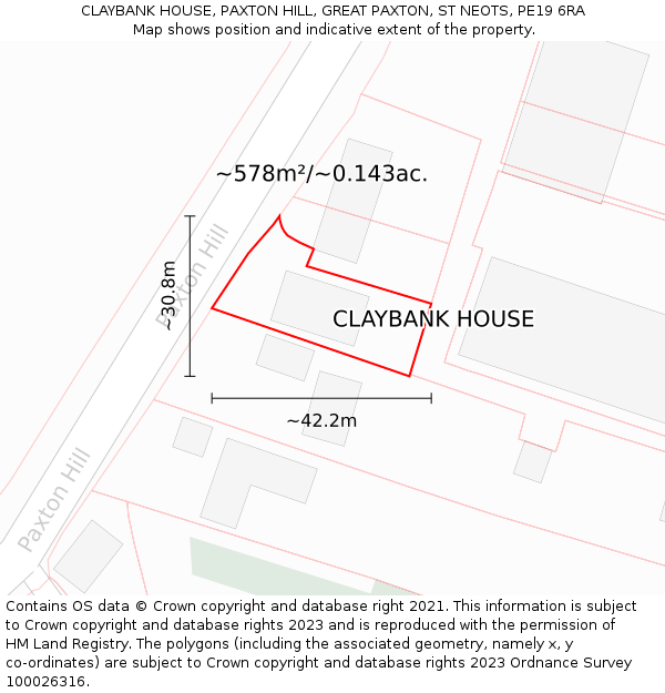 CLAYBANK HOUSE, PAXTON HILL, GREAT PAXTON, ST NEOTS, PE19 6RA: Plot and title map