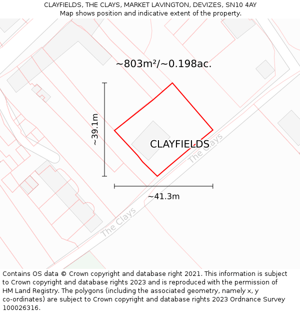 CLAYFIELDS, THE CLAYS, MARKET LAVINGTON, DEVIZES, SN10 4AY: Plot and title map