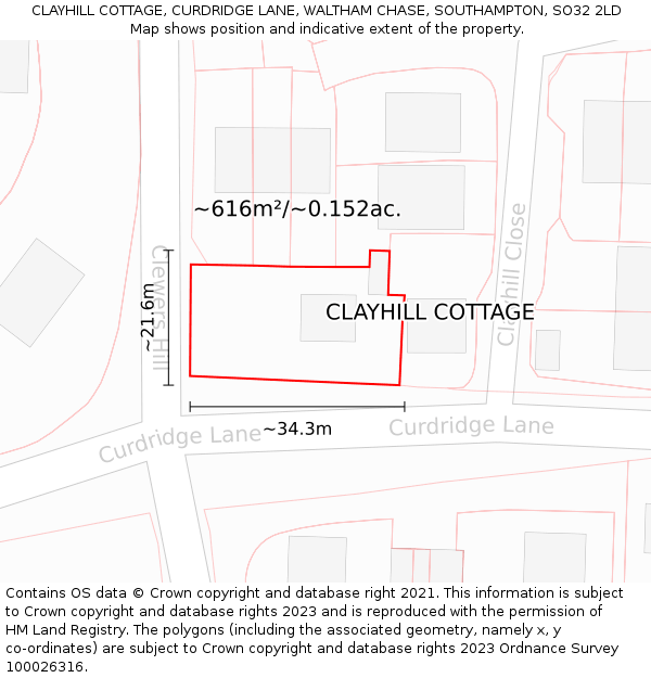 CLAYHILL COTTAGE, CURDRIDGE LANE, WALTHAM CHASE, SOUTHAMPTON, SO32 2LD: Plot and title map