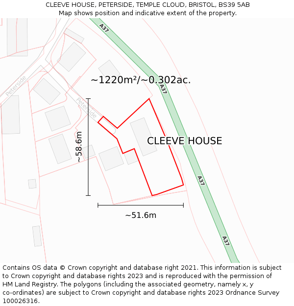 CLEEVE HOUSE, PETERSIDE, TEMPLE CLOUD, BRISTOL, BS39 5AB: Plot and title map