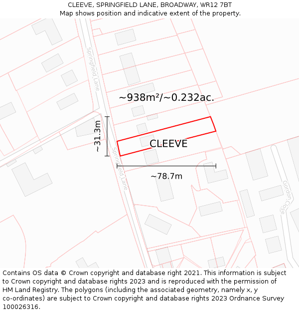 CLEEVE, SPRINGFIELD LANE, BROADWAY, WR12 7BT: Plot and title map