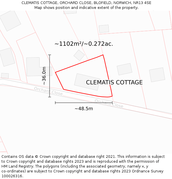 CLEMATIS COTTAGE, ORCHARD CLOSE, BLOFIELD, NORWICH, NR13 4SE: Plot and title map