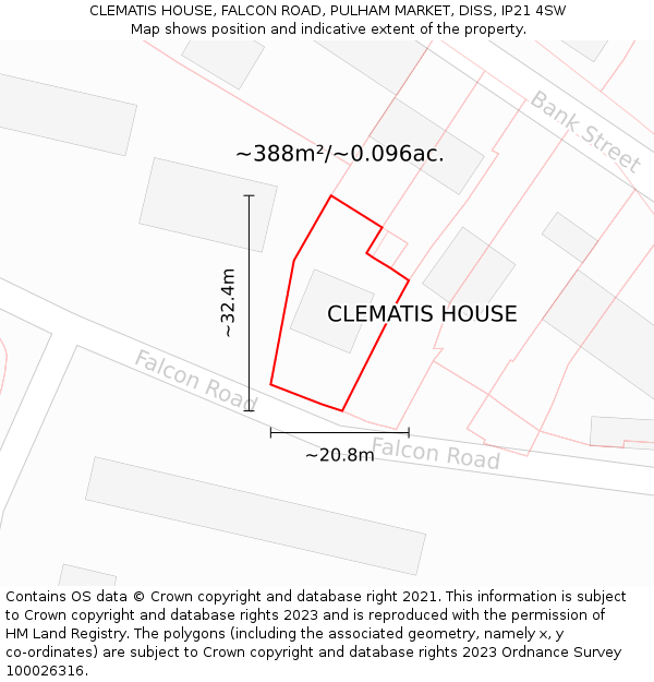 CLEMATIS HOUSE, FALCON ROAD, PULHAM MARKET, DISS, IP21 4SW: Plot and title map