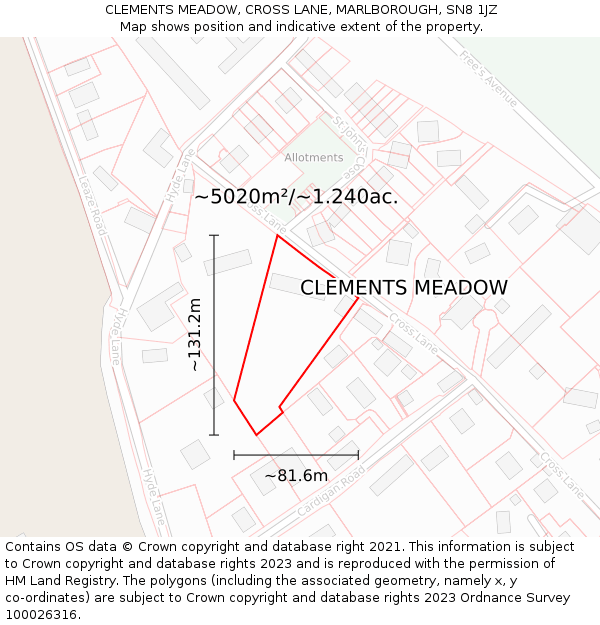 CLEMENTS MEADOW, CROSS LANE, MARLBOROUGH, SN8 1JZ: Plot and title map