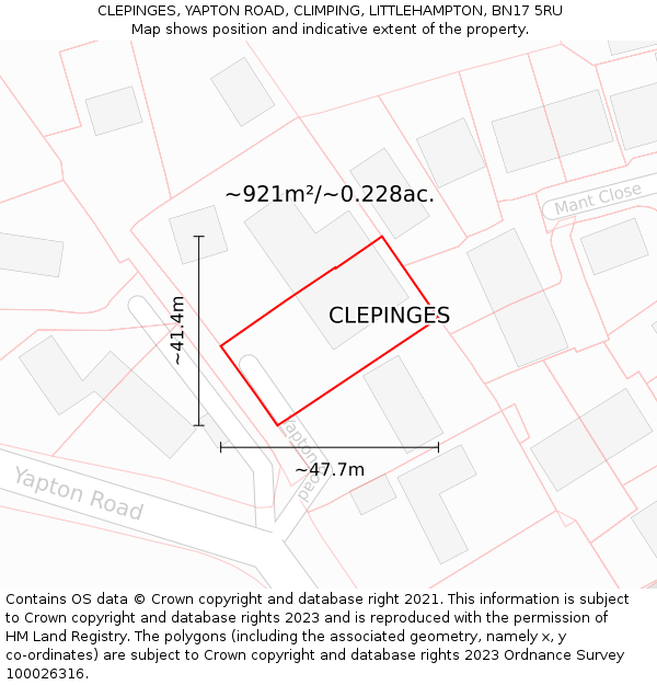 CLEPINGES, YAPTON ROAD, CLIMPING, LITTLEHAMPTON, BN17 5RU: Plot and title map