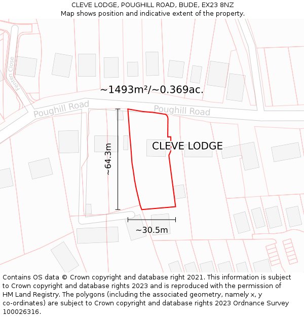 CLEVE LODGE, POUGHILL ROAD, BUDE, EX23 8NZ: Plot and title map